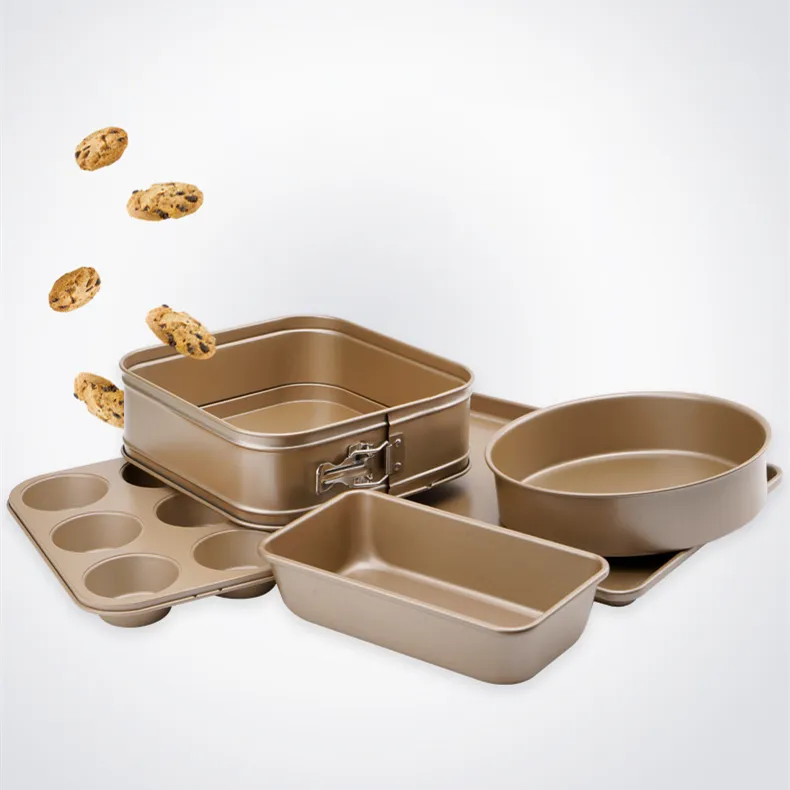 Bonray bakeware sets of gold nonstick coating, with rectangle loaf pan, square cake pan, round cake pan, cookie sheet pan, muffin pan