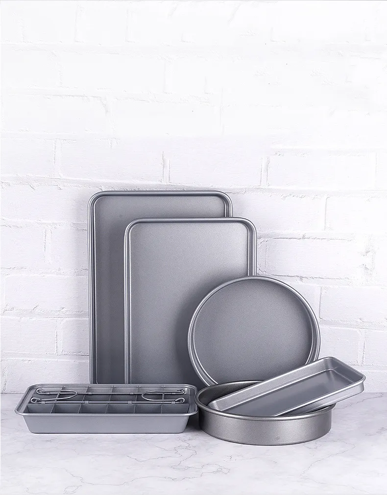 carbon steel bakeware set of cookie sheet, cake pan, brownie pan with grey nonstick coating