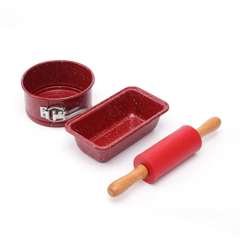 Set de 3 utensilios de repostería navideños con molde para tartas y mini molde para pan y rodillo de amasar recubrimiento antiadherente con motas rojas y blancas